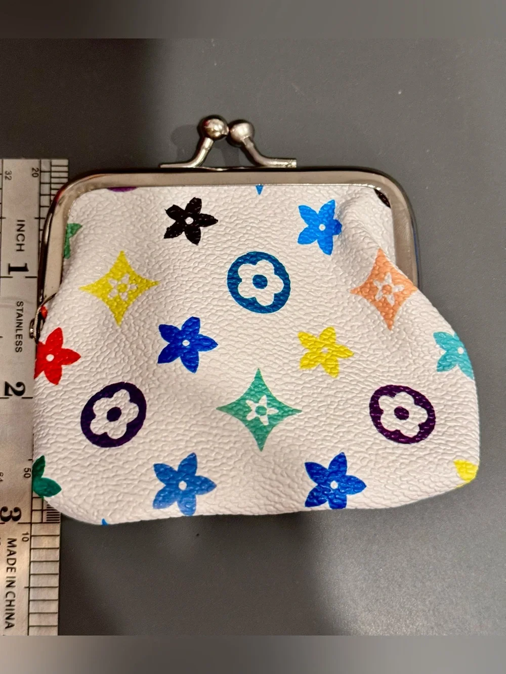 NIP Mini Kiss Lock Coin Purse White Multicolor Floral Monogram Print